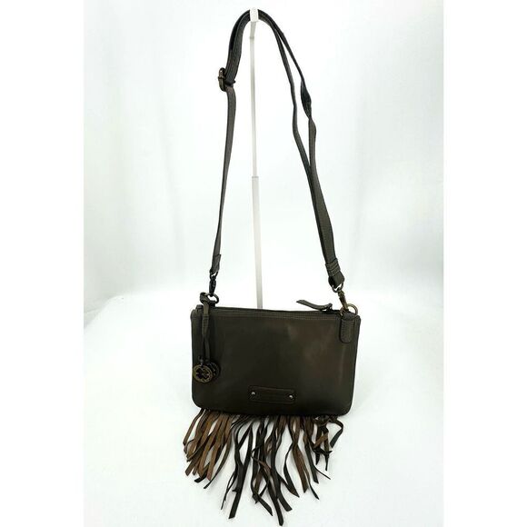 Lucky Brand Leather Fringe Crossbody Bag Gray Western Hippie Boho 3 Section - Picture 9 of 12
